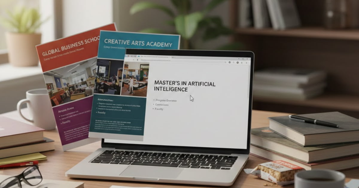 A cluttered desk covered with course brochures and handwritten notes from ISMI Careerline Tech Center, with an open laptop displaying an ISMI Careerline Tech Center online course page on the screen.