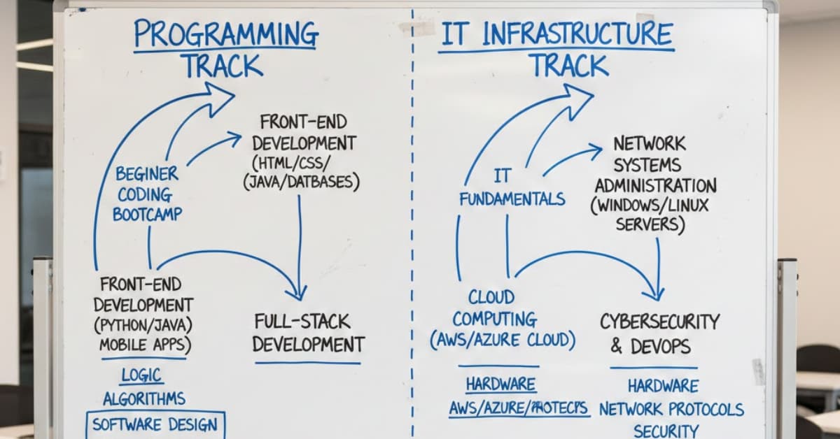 A comparison diagram illustrating different course paths, highlighting programming tracks versus IT training programs with key features and outcomes.
