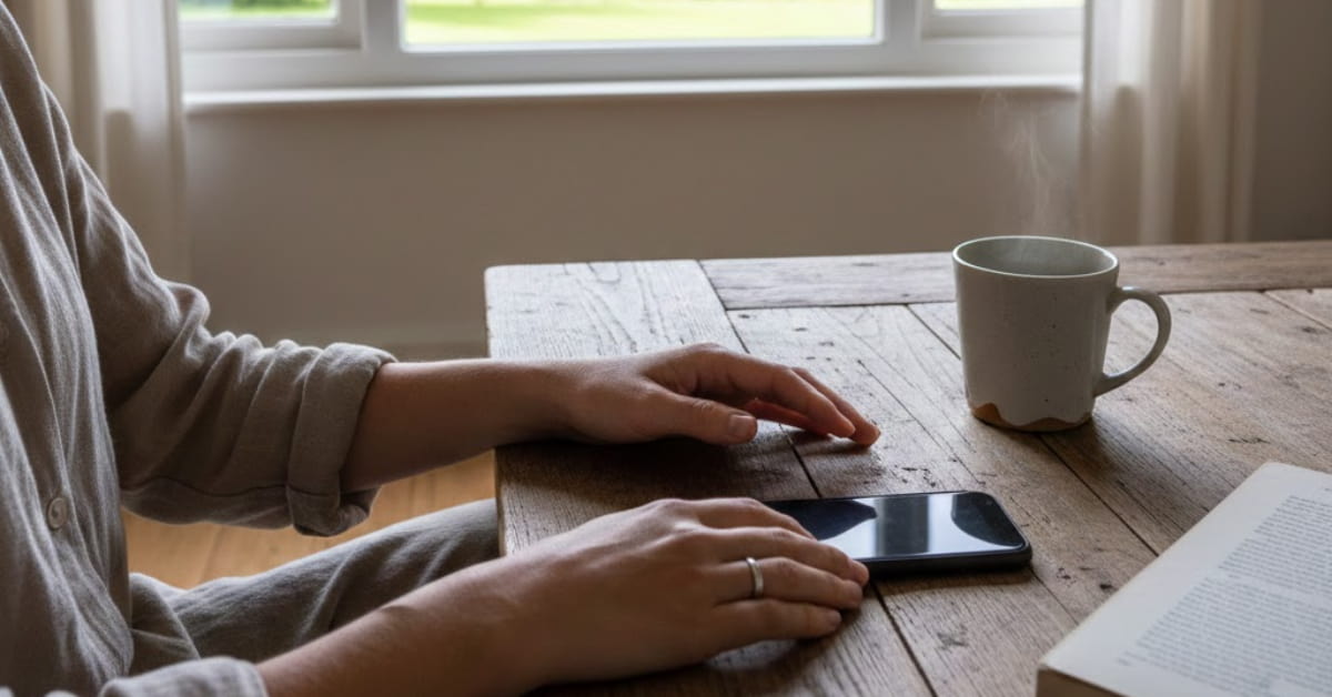 A person gently placing their smartphone face down on a table, surrounded by a calm, minimalistic workspace with soft natural light, evoking a sense of relaxation and mindful lifestyle.