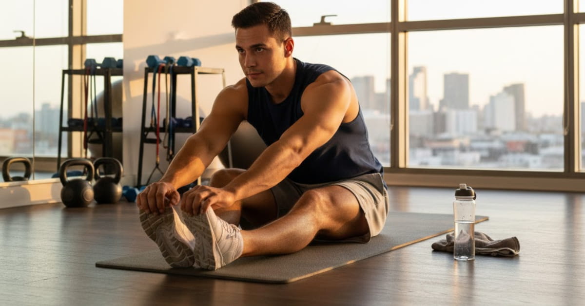 A person resting on a mat and gently stretching after a workout, surrounded by soft lighting, conveying relaxation, recovery, and mindful cooldown.