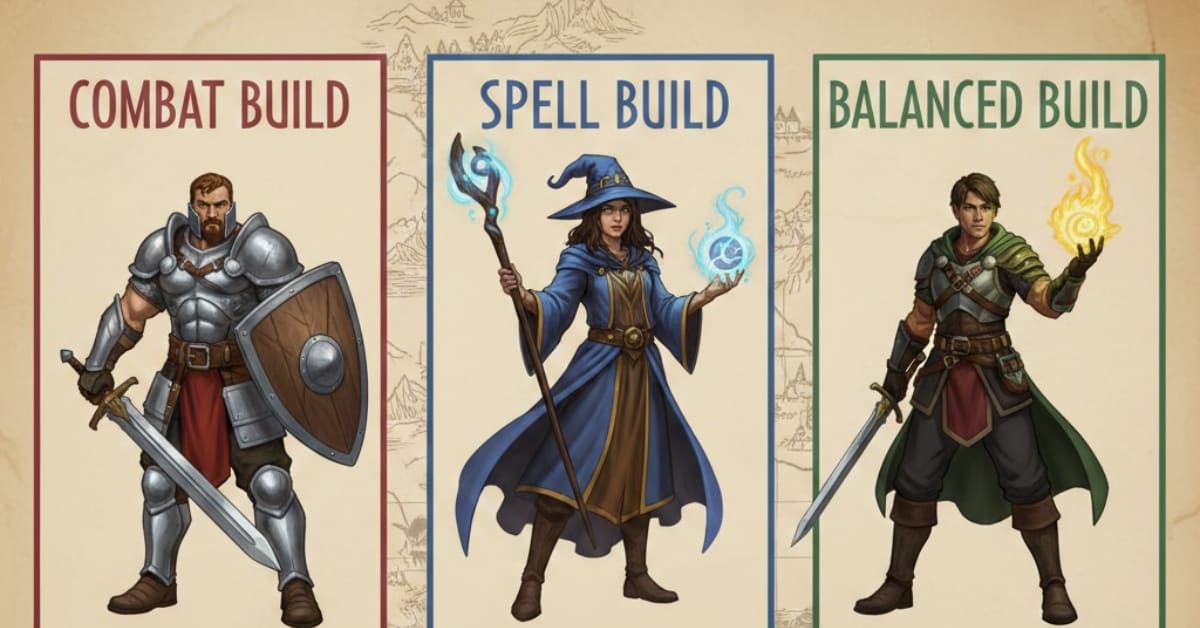 A simple comparison graphic showing Combat, Spell, and Balanced character builds side by side, with key feats highlighted for each build.
