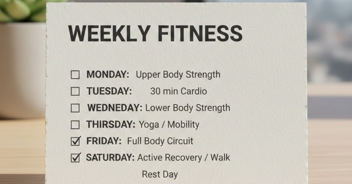 A simple weekly workout plan checklist showing days of the week with spaces to mark exercises, including cardio, strength, and stretching routines, designed for easy tracking