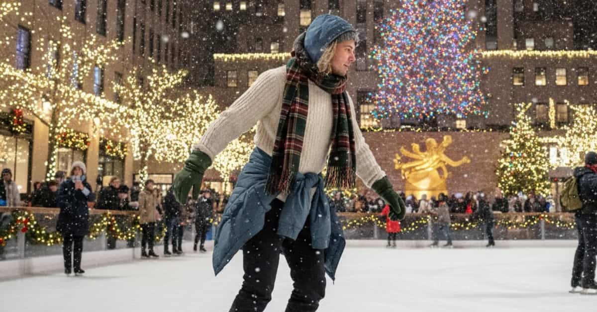 “A traveler ice skating at Rockefeller Center, wearing layered winter outfit with scarf and gloves, showcasing stylish and cozy NYC winter travel outfits, with snow falling and festive city lights”