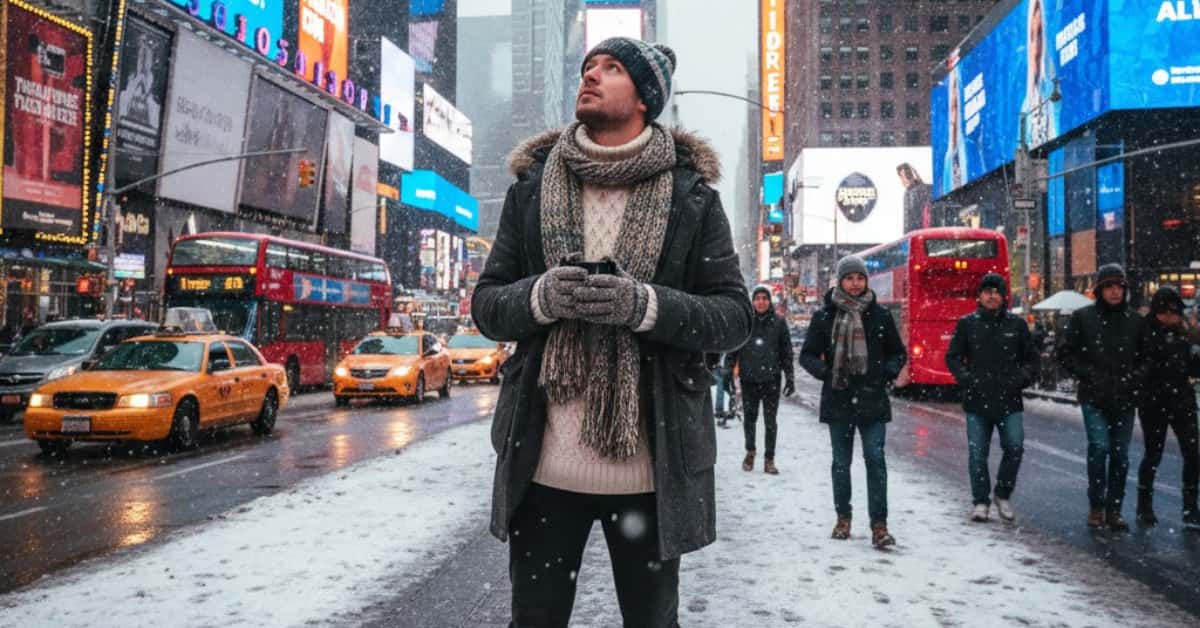 “A traveler in Times Square during winter, wearing layered sweaters, a warm coat, and boots, showcasing cozy and stylish NYC winter travel outfits with snow and city lights around”