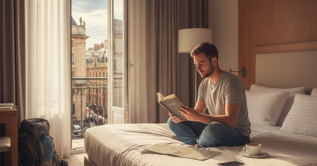 A traveler resting in a hotel room after feeling unwell during a trip