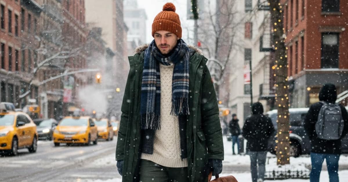 A traveler walking on snowy NYC sidewalks wearing water-resistant boots and a layered winter outfit, showcasing stylish and cozy NYC winter travel outfits in a daytime urban setting”