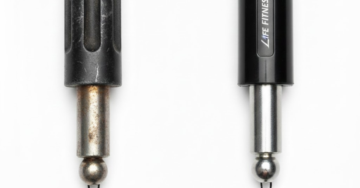 “Before and after comparison of Life Fitness 9000 Series cable release pin showing worn pin versus new durable replacement for improved machine performance.”