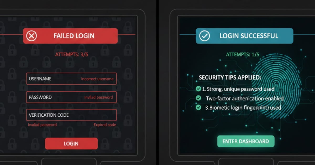 Before and after comparison of login attempts showing failure versus successful login after applying tips