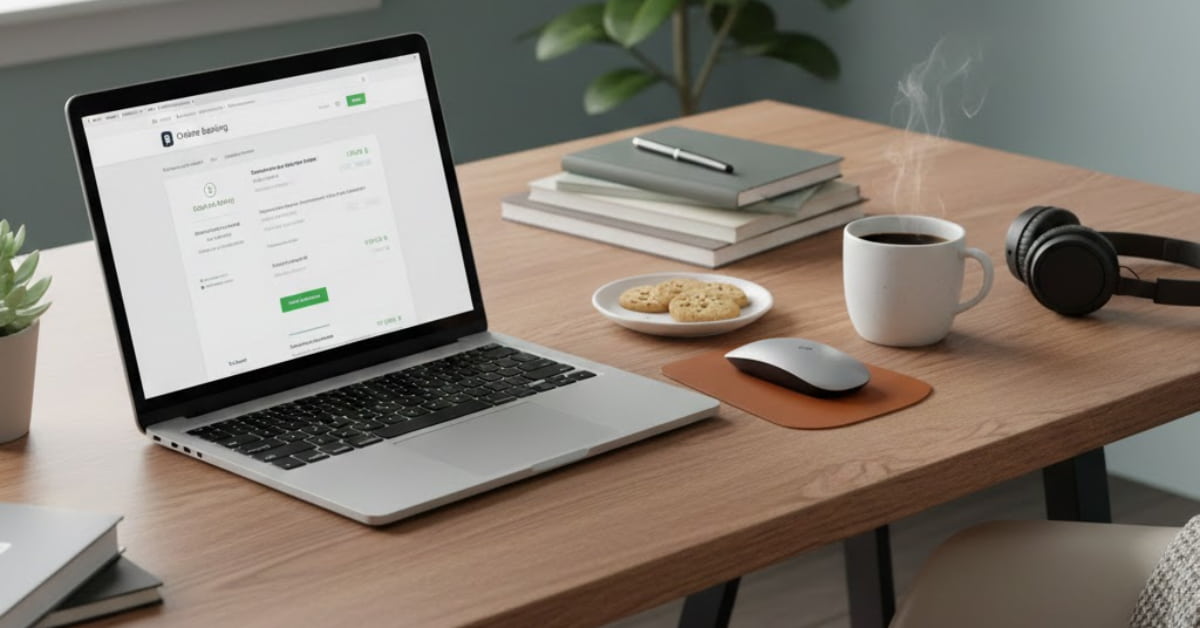 Calm workspace showing successful online banking on a laptop, with a cup of coffee nearby, emphasizing a relaxed and controlled workflow.”