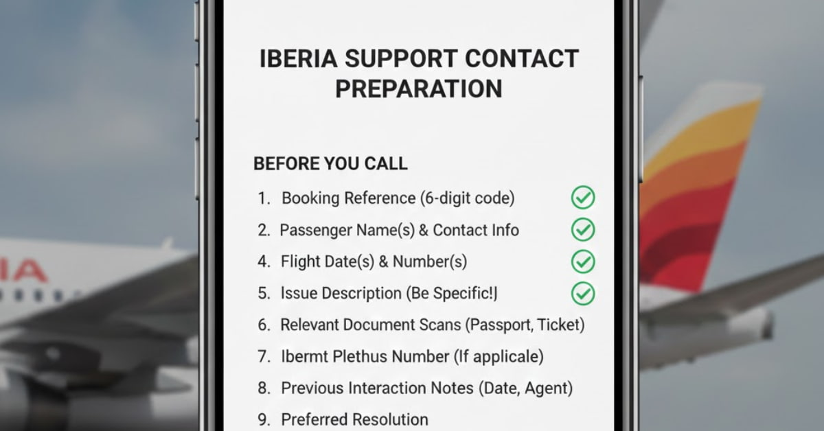 Checklist of flight details, booking number, and personal information ready for Iberia customer service