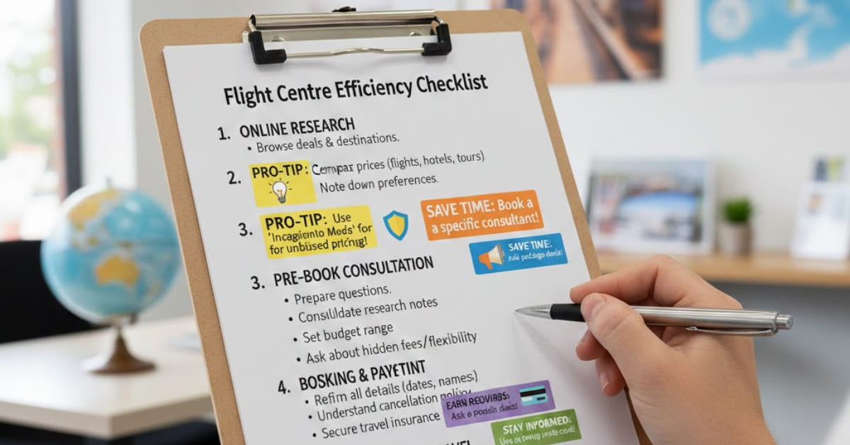 Checklist showing steps to use Flight Centre efficiently with tips highlighted.