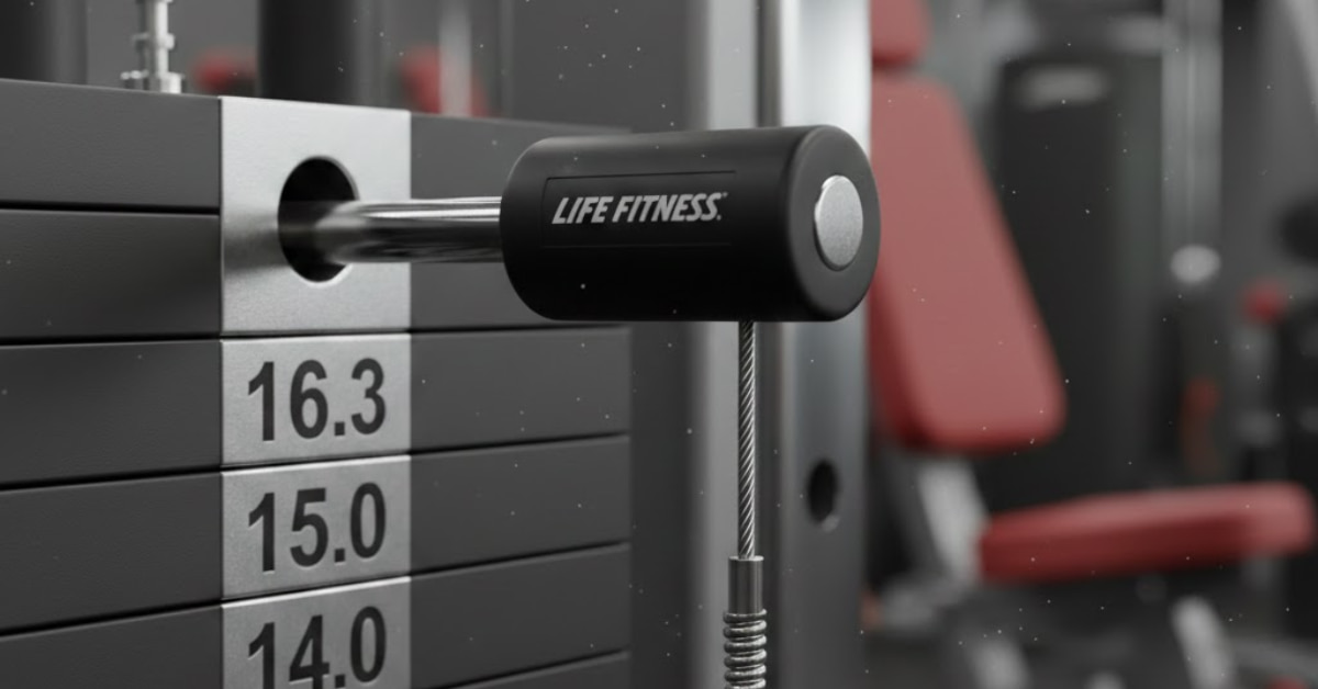 Close-up view of Life Fitness 9000 Series cable release pin installed on gym machine, highlighting proper alignment and attachment for safe workouts.”