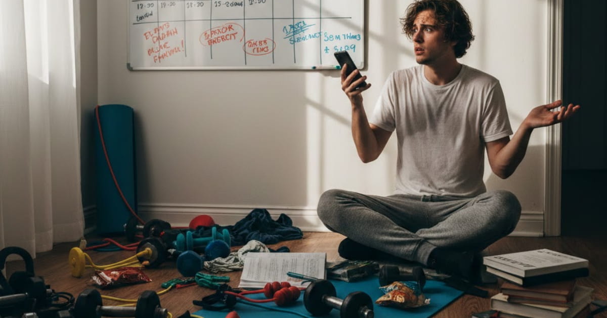 Confused person standing in a cluttered home workout space while looking at a gym schedule, showing uncertainty about fitness planning.