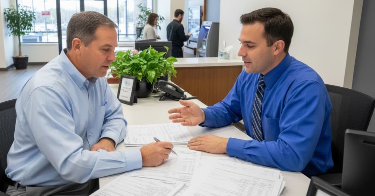 Customer speaking with a bank teller at Rondout Savings Bank while reviewing account forms on the counter, showing an in-branch banking interaction.
