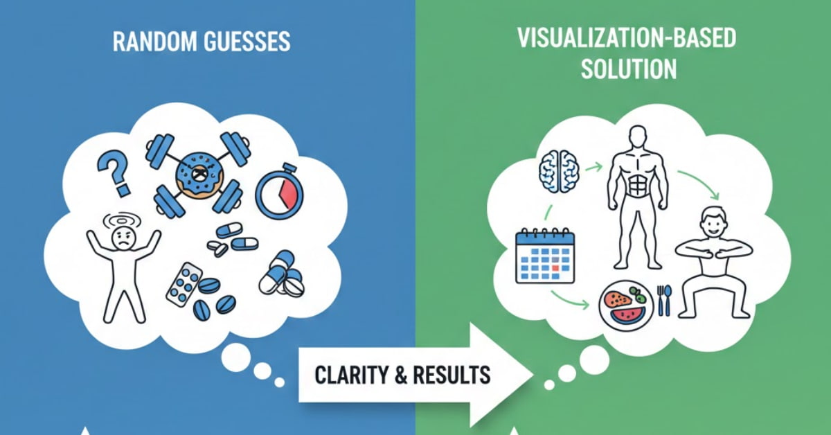 Diagram comparing random guesses versus correct visualization-based solutions for identifying fitness items for swinging crossword clues.