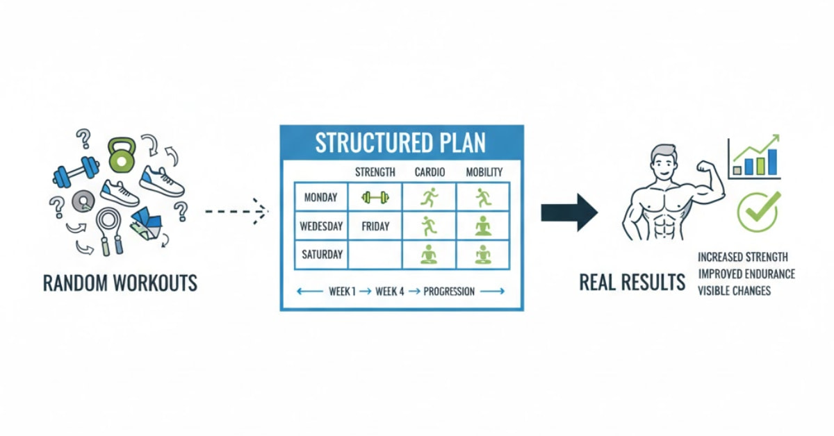 Diagram illustrating progression from random workouts to a structured fitness plan to real, measurable results, connected with directional arrows.