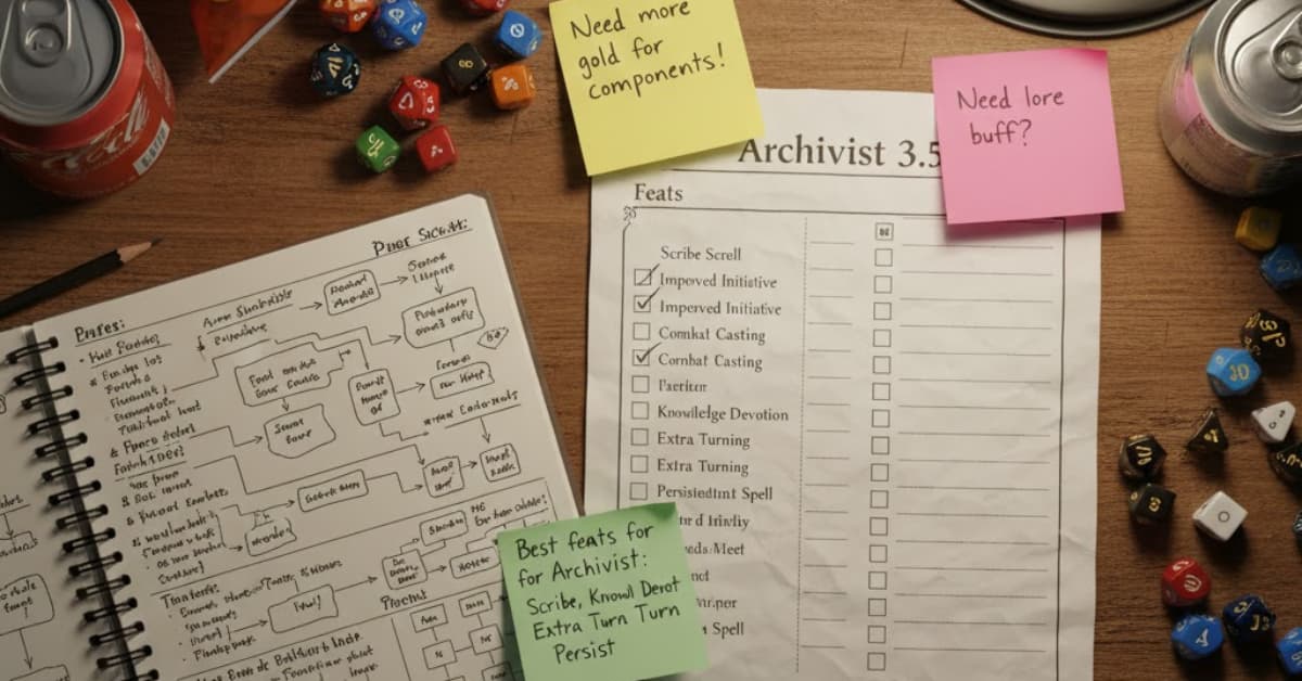 A cluttered D&D 3.5 Archivist character sheet with unchecked feat options, sticky notes attached, dice scattered across the desk, and an open notebook filled with scribbled ideas about the best feats for an Archivist.