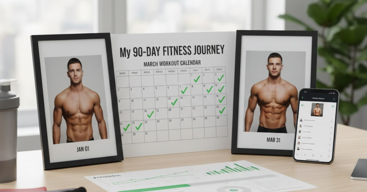 "A before-and-after progress tracking chart or calendar showing daily or weekly entries for workouts, weight, or fitness milestones, visually highlighting improvement over time