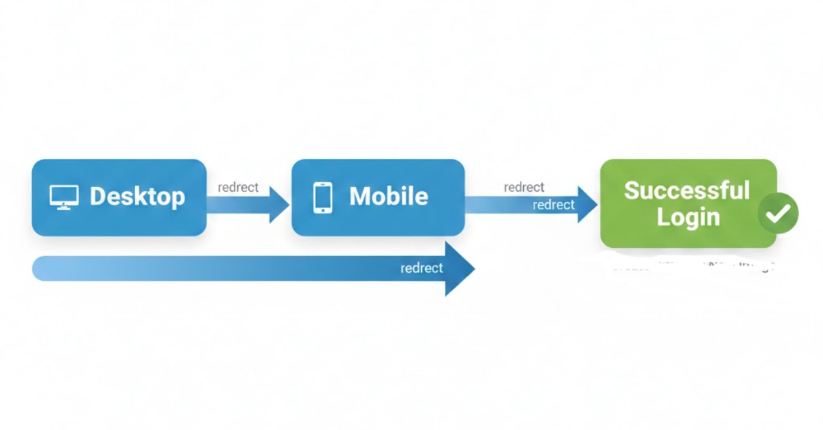 Flow diagram showing desktop to mobile transition leading to a successful login