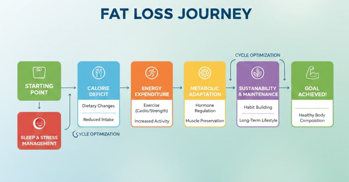 Flow diagram showing the fat loss process with strength training, moderate cardio, proper rest, and sustainable results.