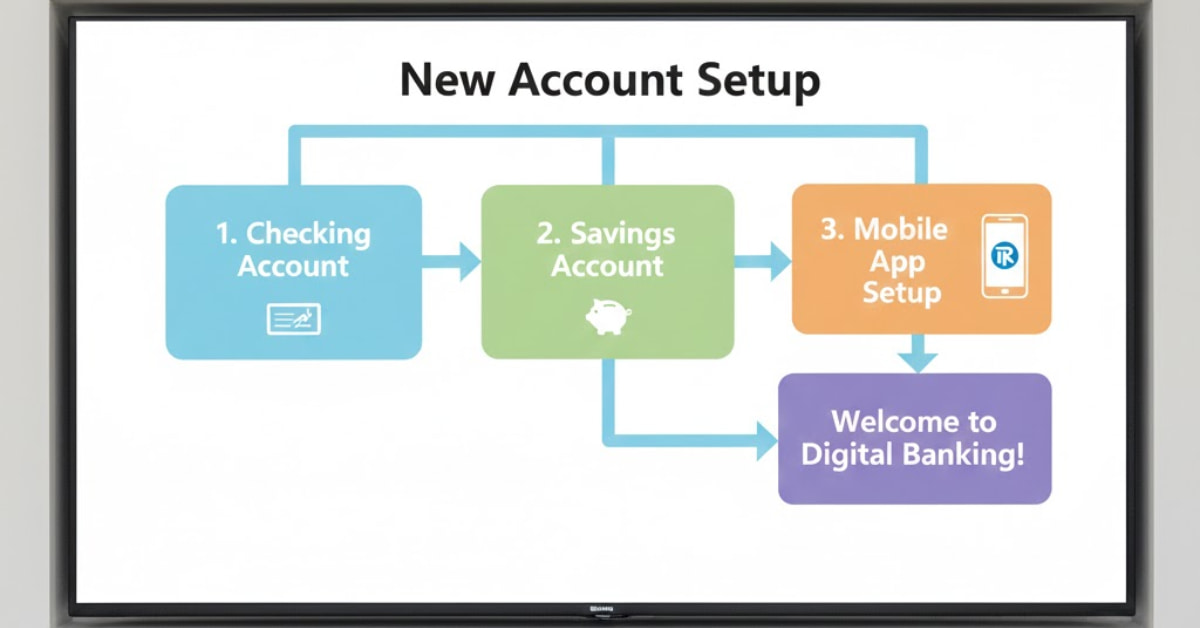 Flowchart illustrating the account setup process from checking to savings to mobile app setup, with arrows connecting each step.