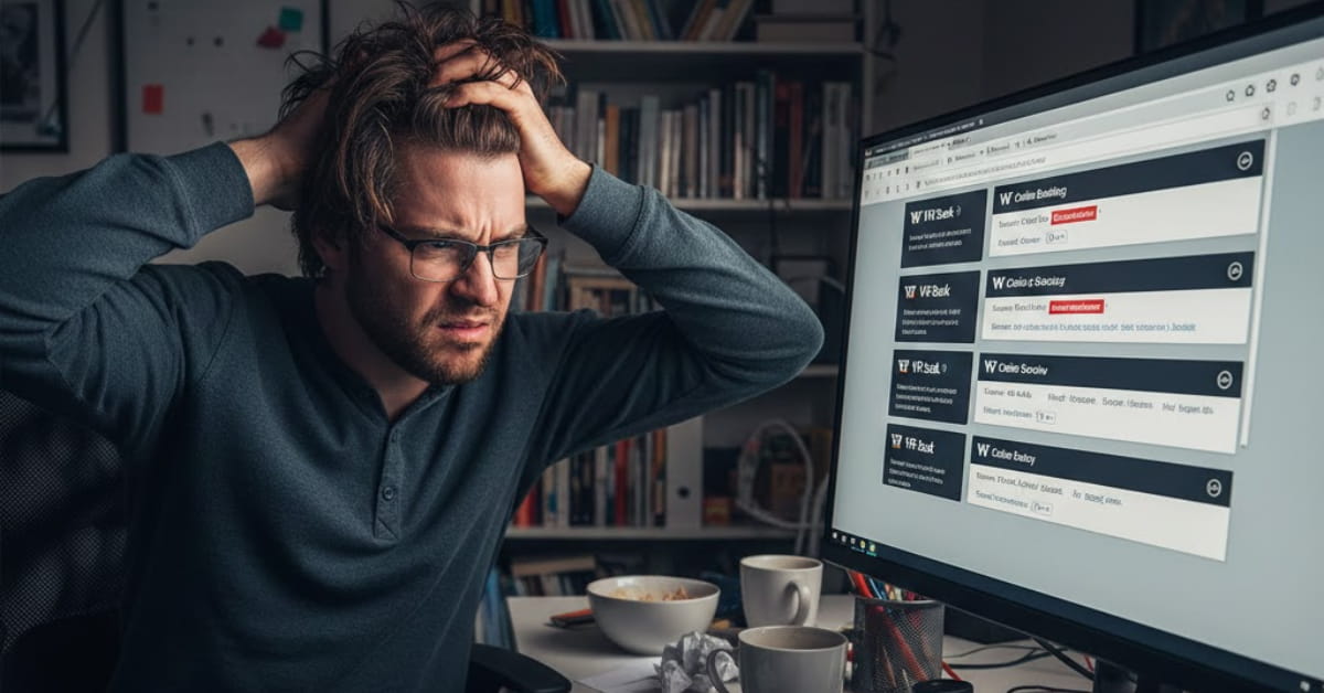 “Frustrated user staring at a computer screen with multiple online banking tabs open, trying to access VR Bank ihn digital banking services.”