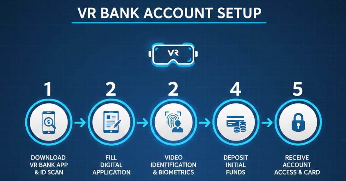 Infographic showing step-by-step process for setting up a VR Bank account, from registration to successful login.”