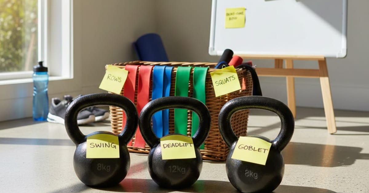 Kettlebells and resistance bands on a desk with sticky notes showing possible answers, representing fitness items for swinging and workout planning.