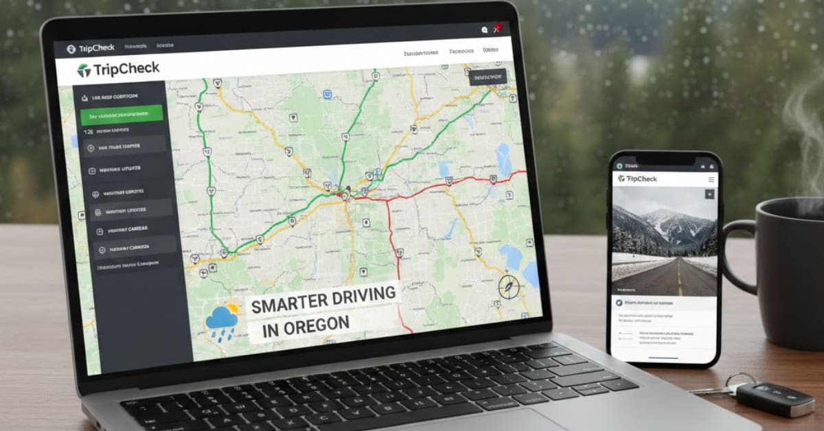 Laptop and smartphone showing Trip Check Oregon live road conditions, weather updates, and highway cameras for smarter driving in Oregon