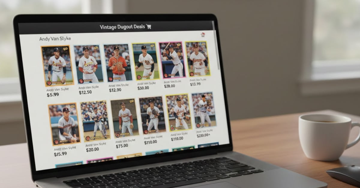 Laptop screen displaying an online marketplace page with multiple Andy Van Slyke baseball cards listed at different prices, showing card images, titles, and price variations side by side.
