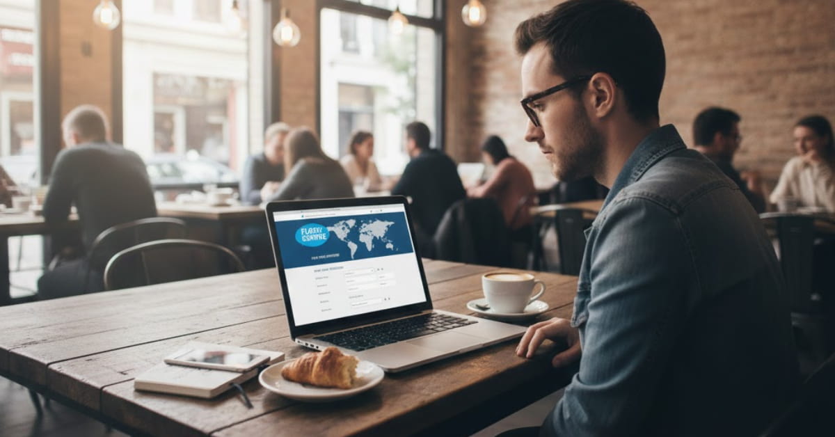 Me planning a trip on Flight Centre’s website at a café, laptop open, coffee nearby