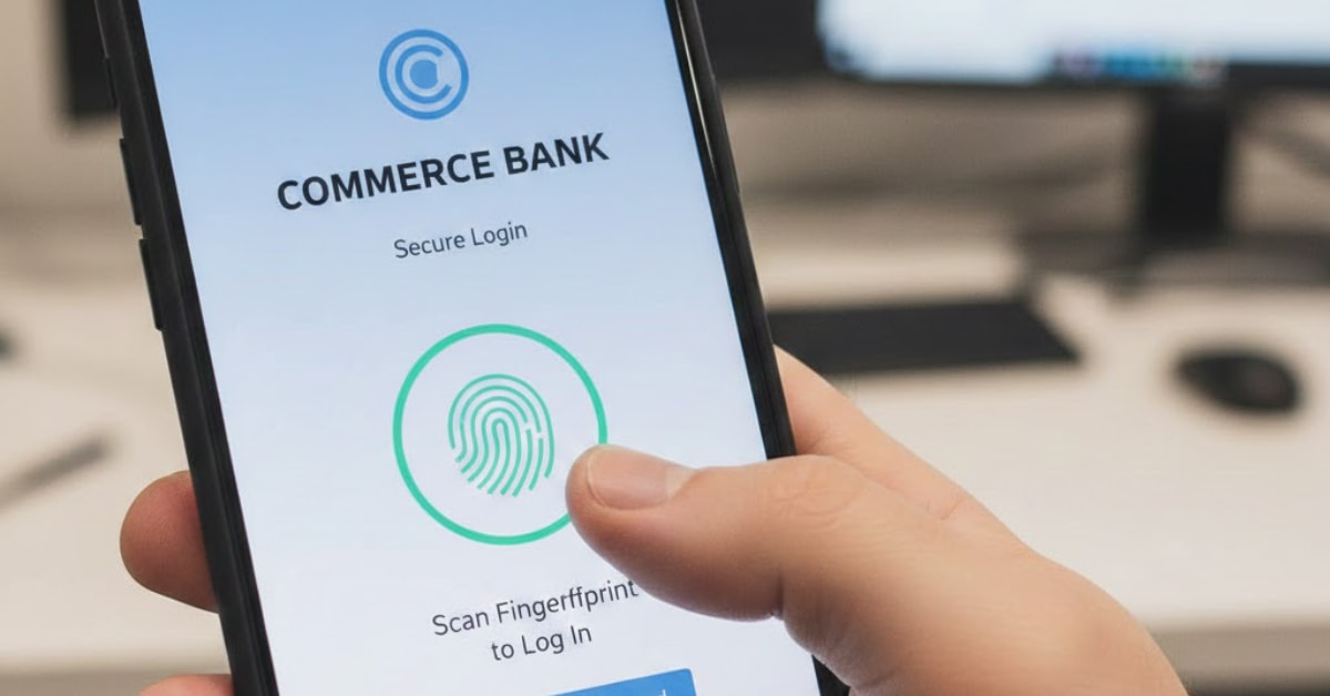 Mobile screen displaying Commerce Bank app login using biometric authentication
