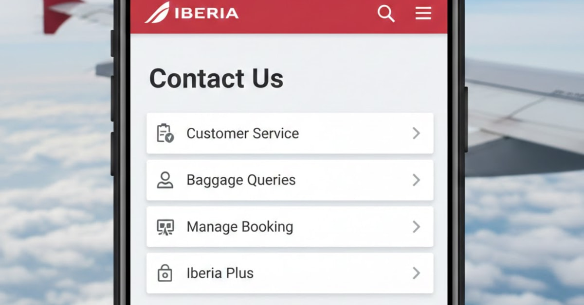 My phone screen showing Iberia customer service options including phone, email, and live chat, as I navigated to get help with my flight issue.