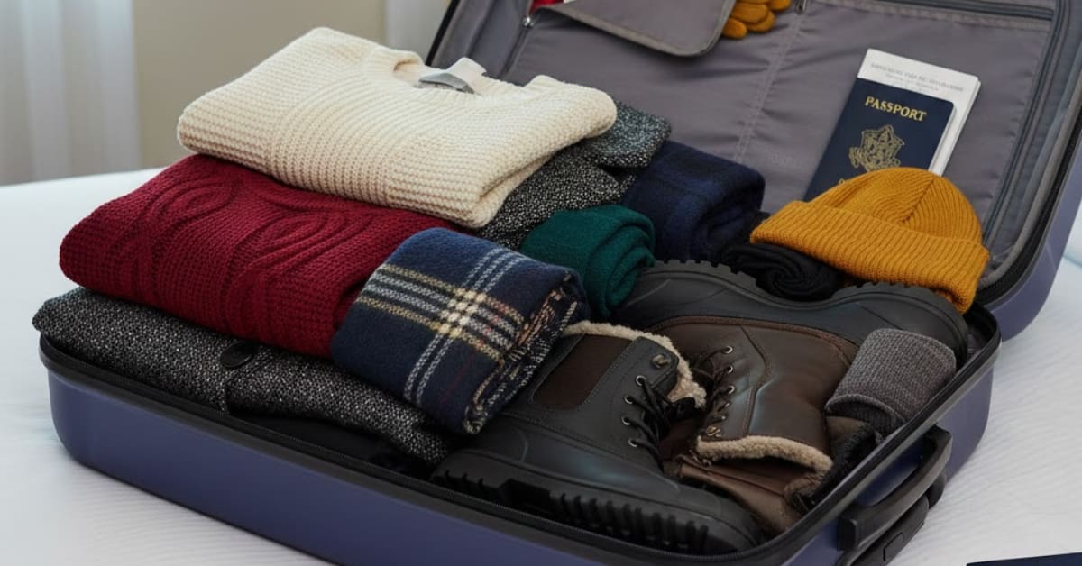 Open suitcase with packed winter clothing for NYC trip, including sweaters, coats, scarves, boots, and gloves, showcasing organized NYC winter travel outfits and practical packing style”