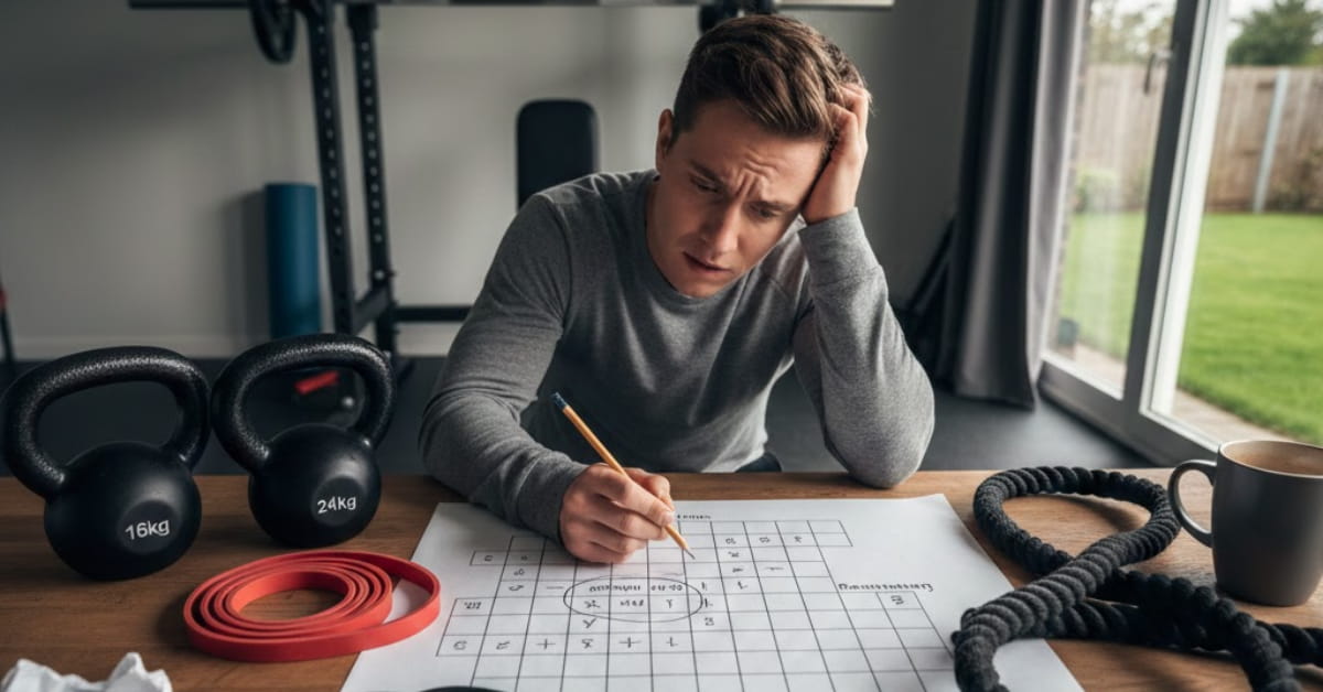 Person holding a pencil, looking puzzled at a crossword puzzle on a desk with kettlebells, resistance bands, and ropes, representing fitness items for swinging crossword clues.