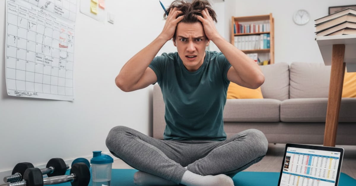 Person looking frustrated while planning workouts at home or in the gym, surrounded by fitness equipment and notes.