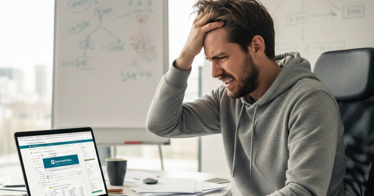 Person sitting in front of a laptop with multiple tabs open, looking frustrated and overwhelmed while accessing Geno Bank Essen online banking.”