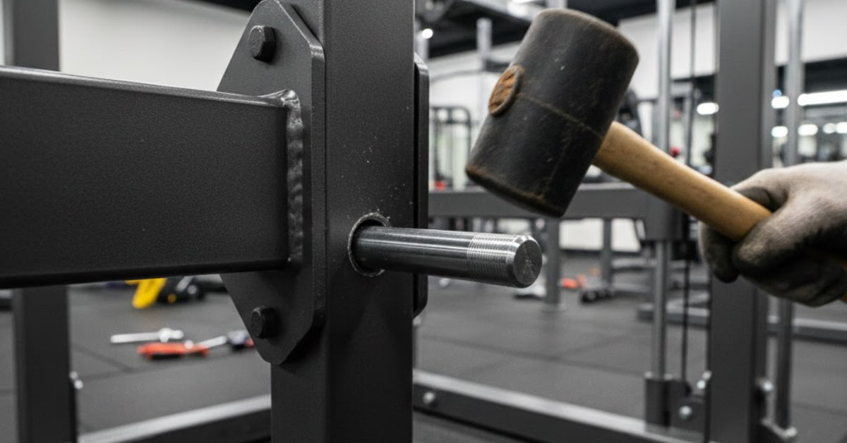 Photo of Life Fitness 9000 Series cable release pin slightly misaligned during installation, showing common beginner installation challenge.