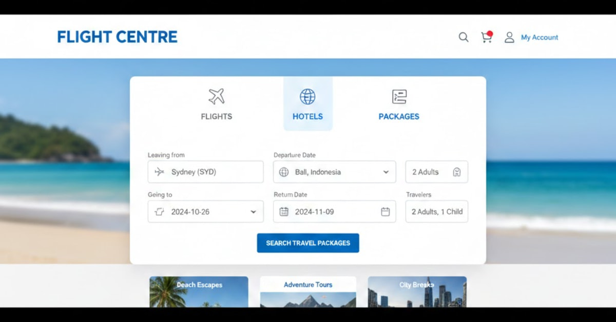 Screenshot showing Flight Centre’s travel package search interface with clear, simple options