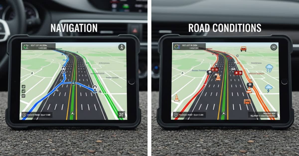 Two apps open side by side showing navigation directions and live Oregon highway conditions