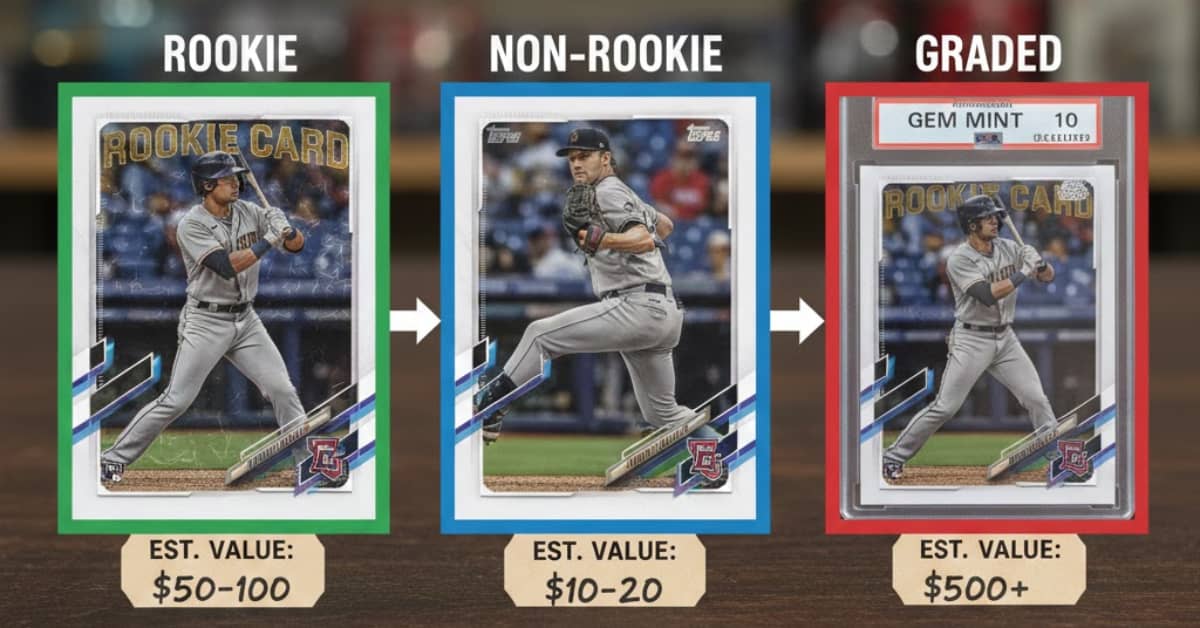 Simple comparison visual showing rookie, non-rookie, and graded baseball cards side by side, highlighting differences in value with labels and price ranges.
