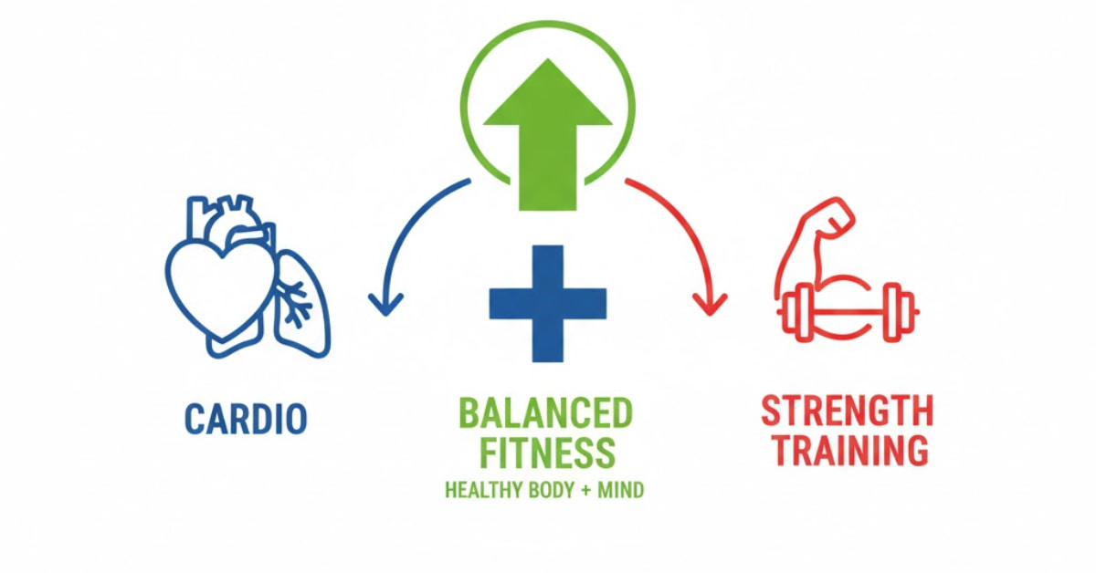 Simple diagram illustrating a balanced fitness plan with equal focus on cardio and strength training.