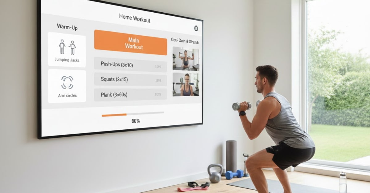 Step-by-step visual showing a home workout routine, from warm-up to main exercises to cool-down, with clear numbered stages