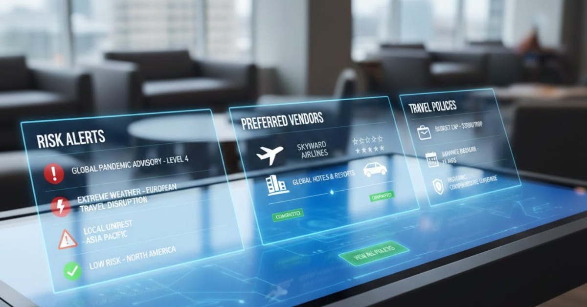 Table illustrating travel risk management features, vendor options, and alerts in CWT Travel portal
