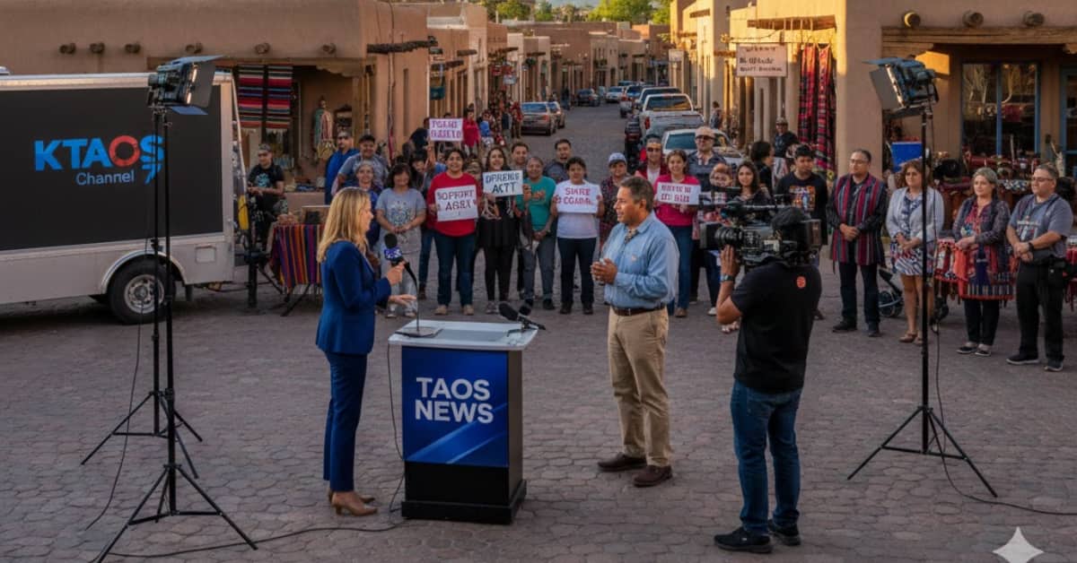 Taos New Mexico downtown area during a local news event