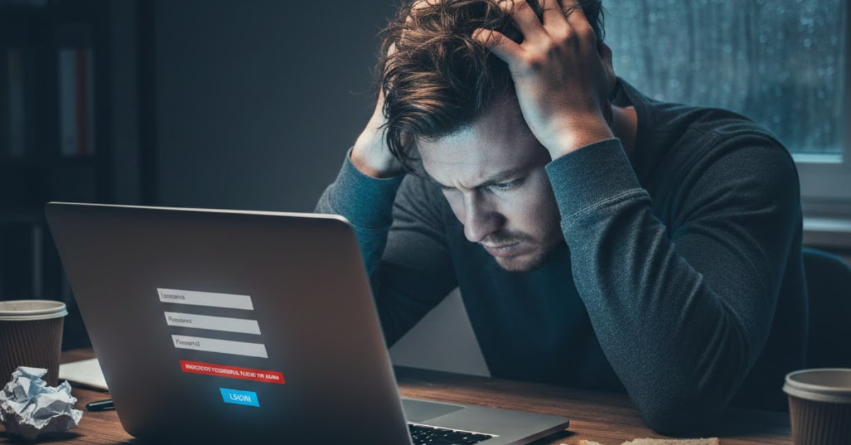 User looking frustrated while trying to log in to an online account on a laptop