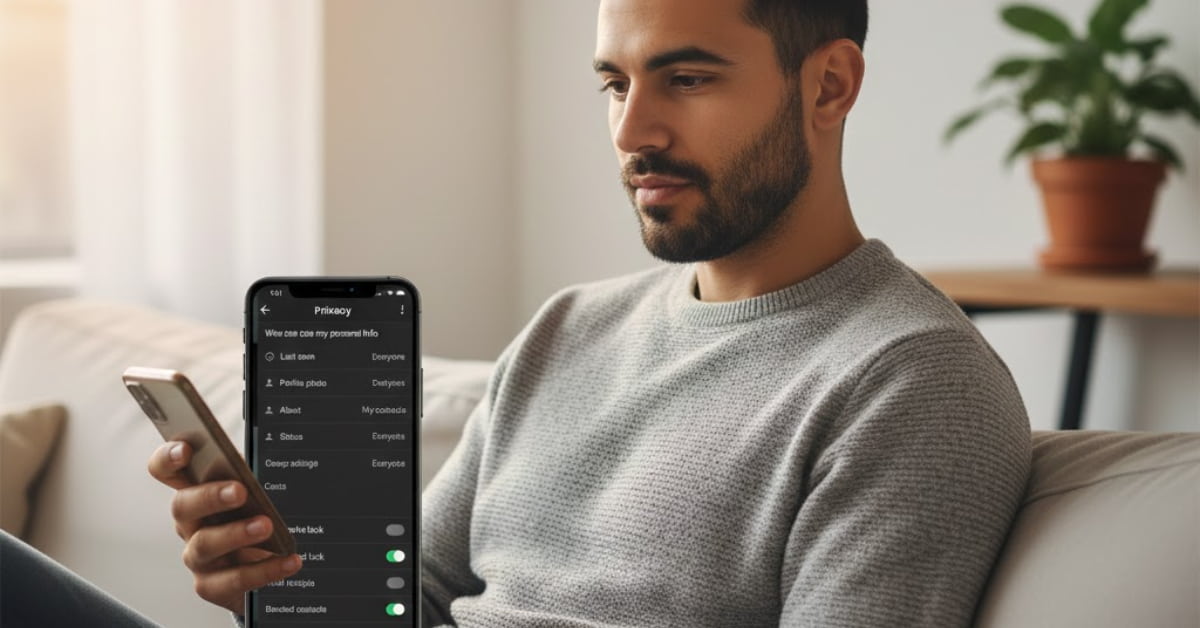WhatsApp Privacy Settings screen showing options for Last Seen, Profile Photo, About, Status, and Read Receipts, with toggles and selection choices visible