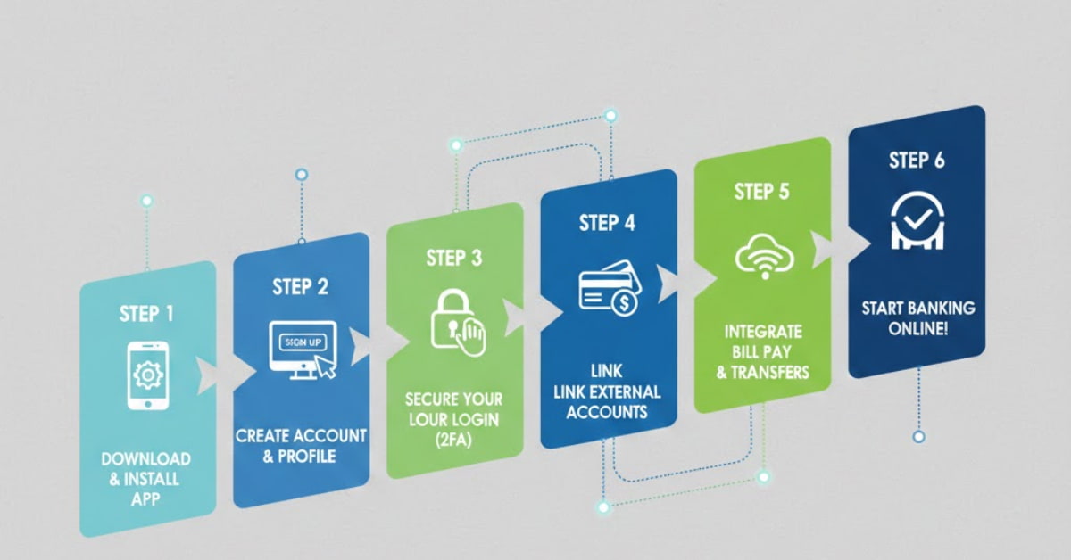 Infographic showing step-by-step bank account setup with online banking integration, including account creation, verification, and mobile/online access.