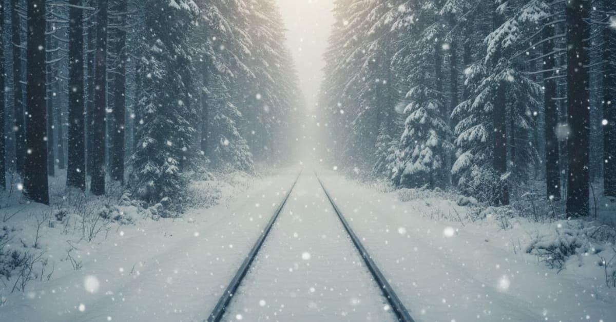 "Snow-covered train tracks winding through tall pine trees, gentle falling snow, soft natural light, dreamy winter scenery, peaceful and cozy travel aesthetic"