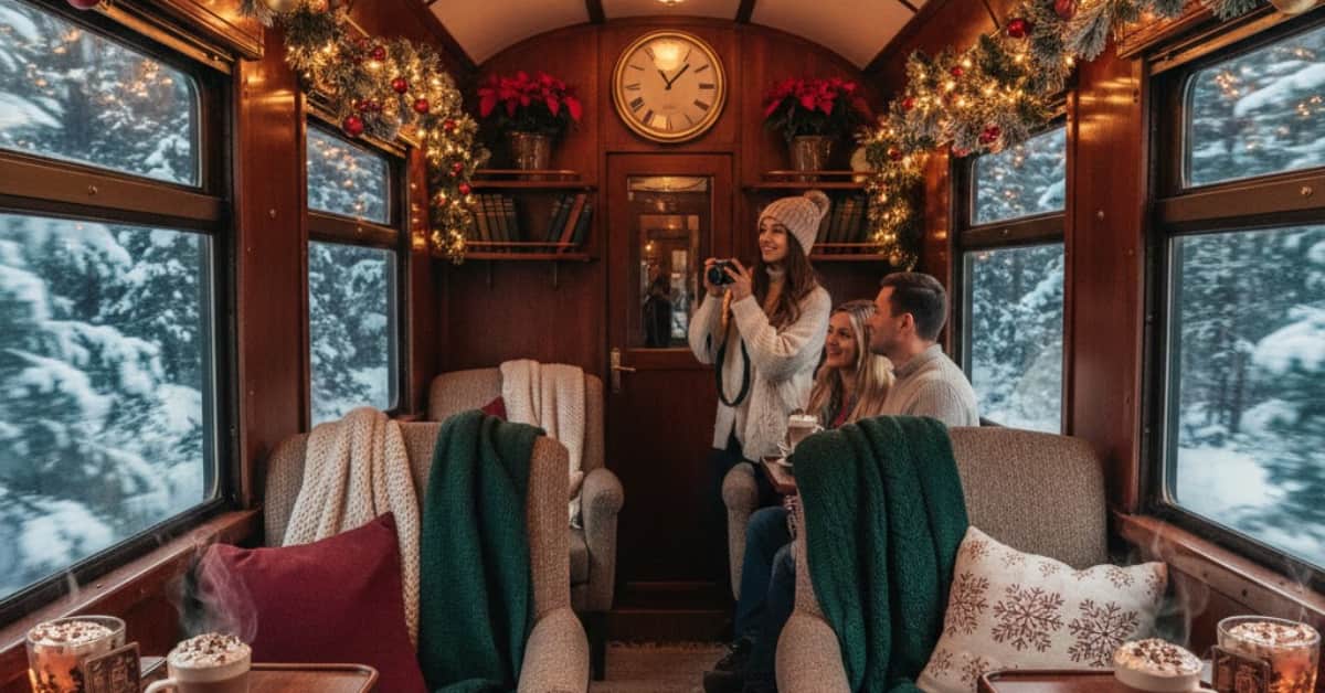 "Interior of a cozy winter train decorated for Christmas, warm glowing lights, wooden textures, cups of hot chocolate on tables, inviting and aesthetic travel photography"